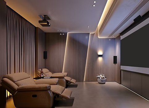 Cornered Audio TRM series speakers in luxury home cinema room