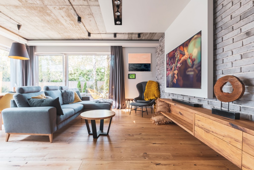 Modern living room with ELAN touch panel smart home control