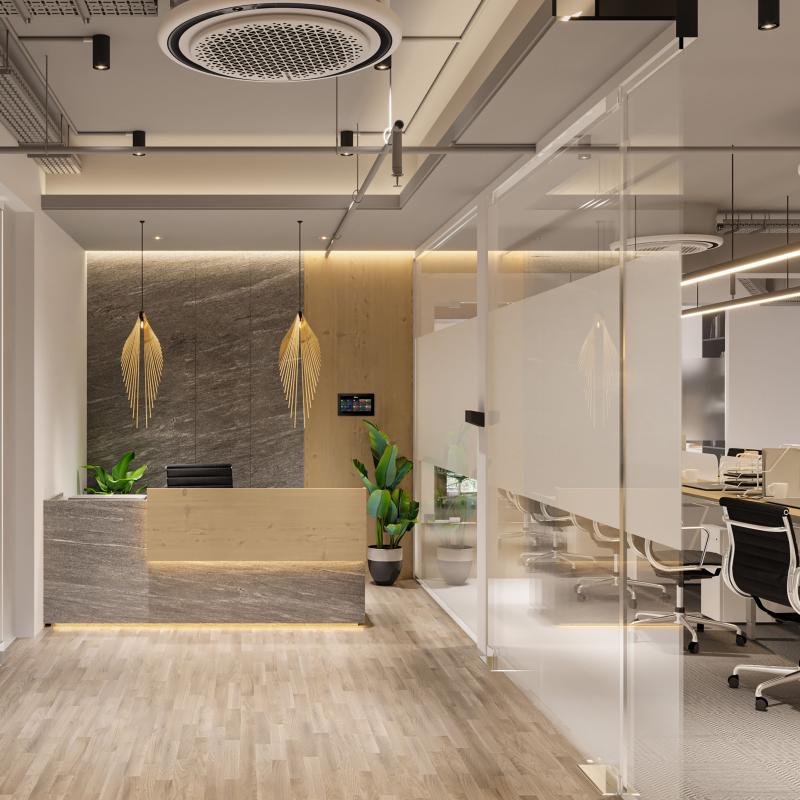 Modern office with Nice Home Control touch panel and video distribution