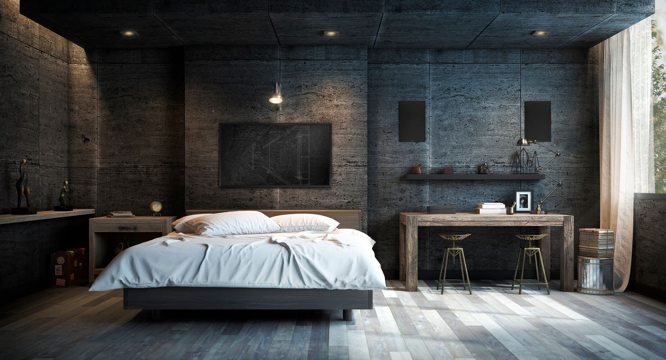 Klipsch in-wall speakers in modern bedroom