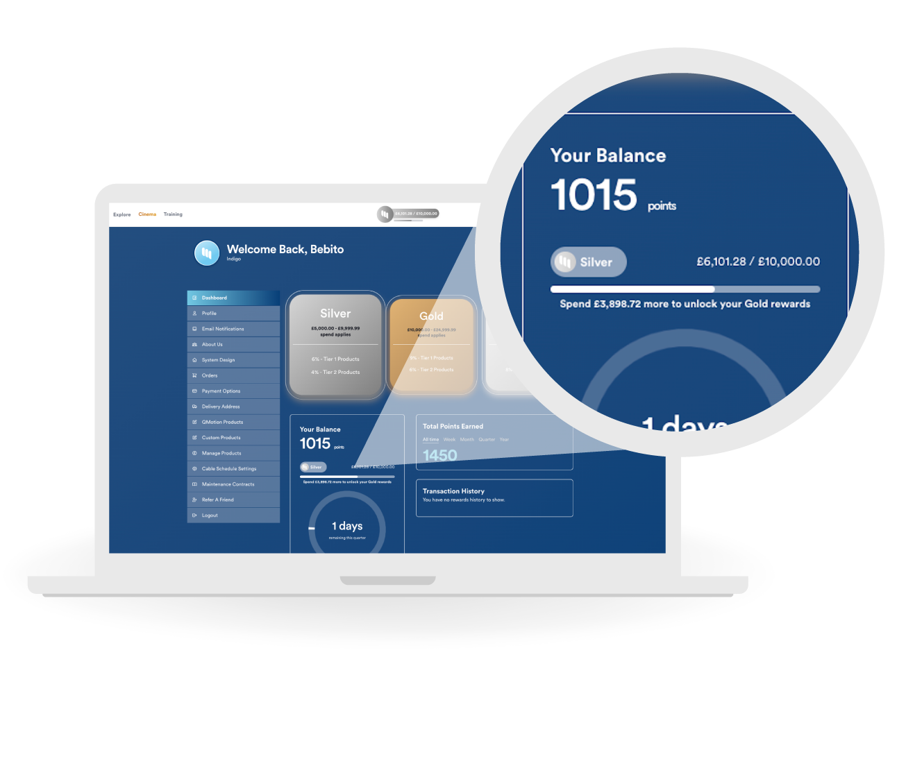Tablet showing the rewards page in the account dashboard