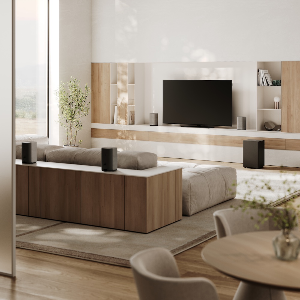 Loewe audio system with surround speakers in modern living room
