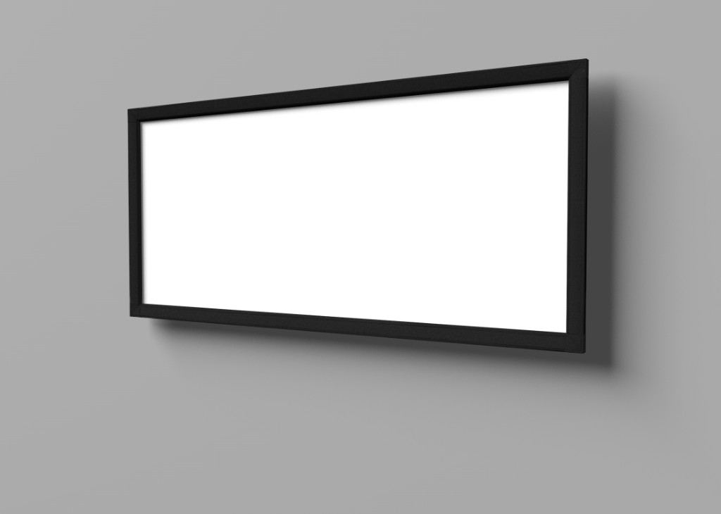 Widescreen fixed-frame projection screen with black velvet border, wall mounted