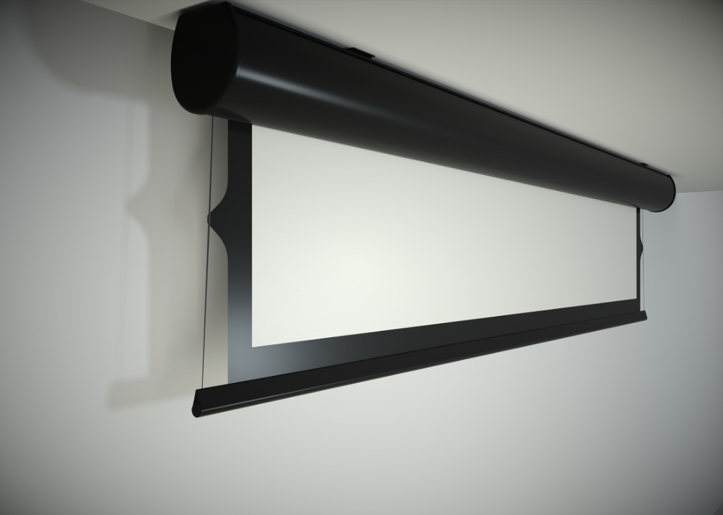 Motorised on-ceiling projector screen partially extended, black housing