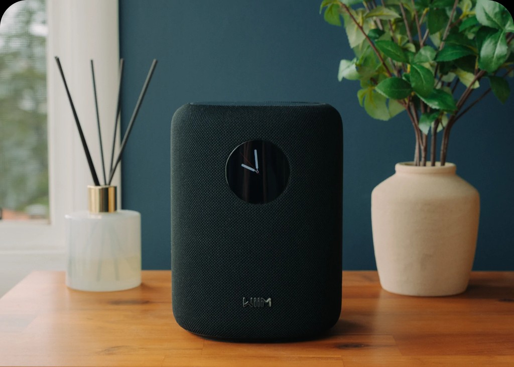 WiiM speaker on wooden shelf in modern living room